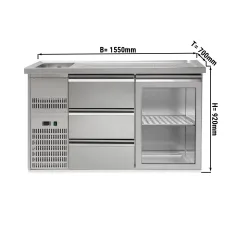 Пивний прилавок 1,5 x 0,7 м (1 скл.дверцята / 3 висув.секції / 1 раковина) GGM Gastro BLA157#GTA#SBA1313